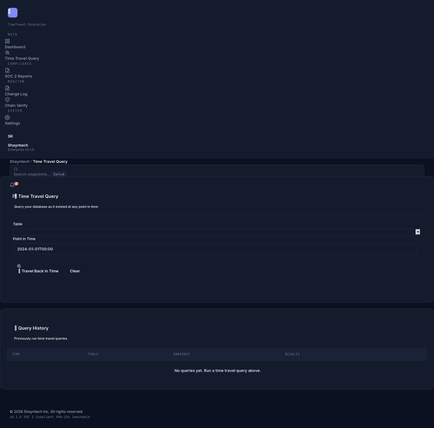 Time Travel Query Interface — select table and timestamp