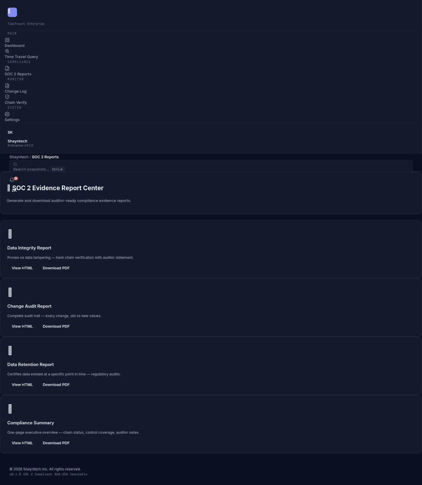 SOC 2 Report Center in Shayntech TimeTravel Enterprise Dashboard